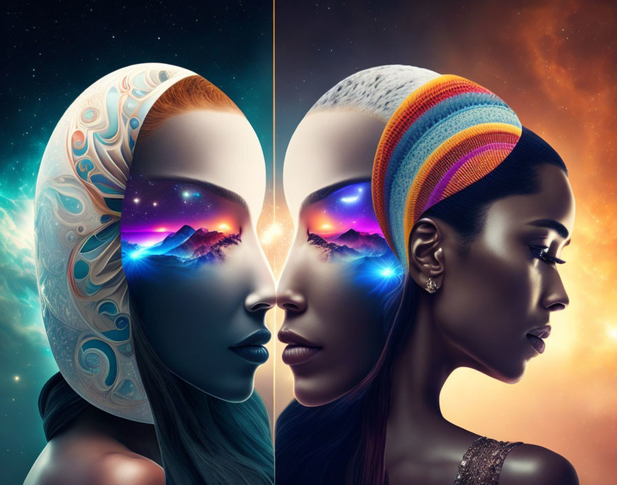 Dual Female Portrait Digital Artwork with Cosmic Landscapes