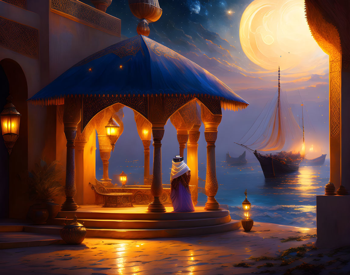 Moonlit Arabian Night Scene with Sailboat, Lanterns, and Waterfront Terrace