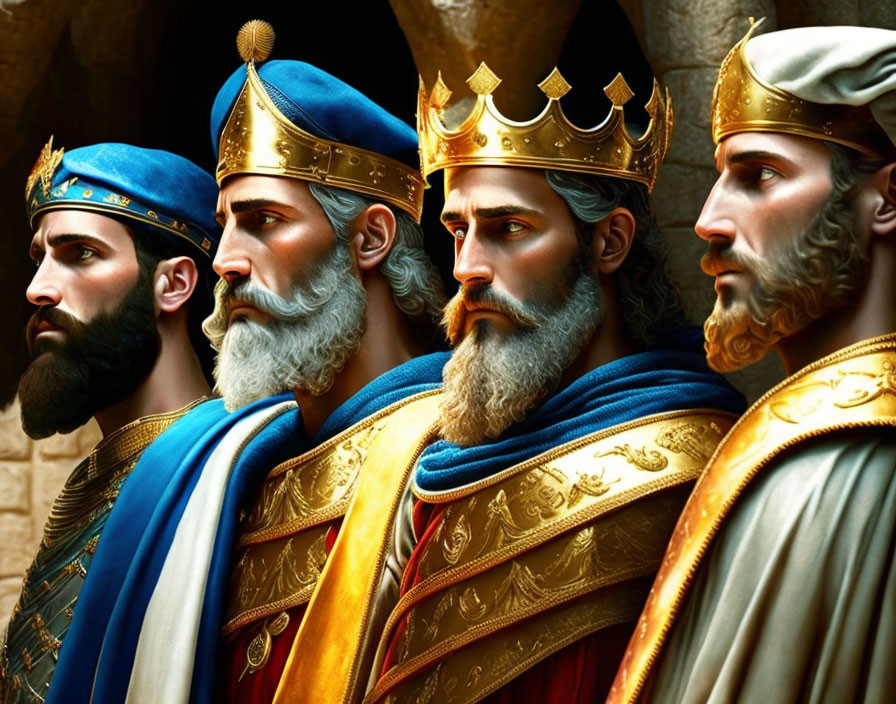 Four regal medieval kings with crowns and detailed royal attire.