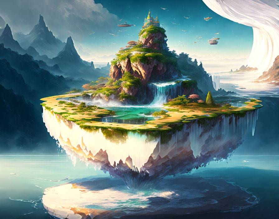 Floating Island with Waterfalls, Castle, and Mountains on Large Planet