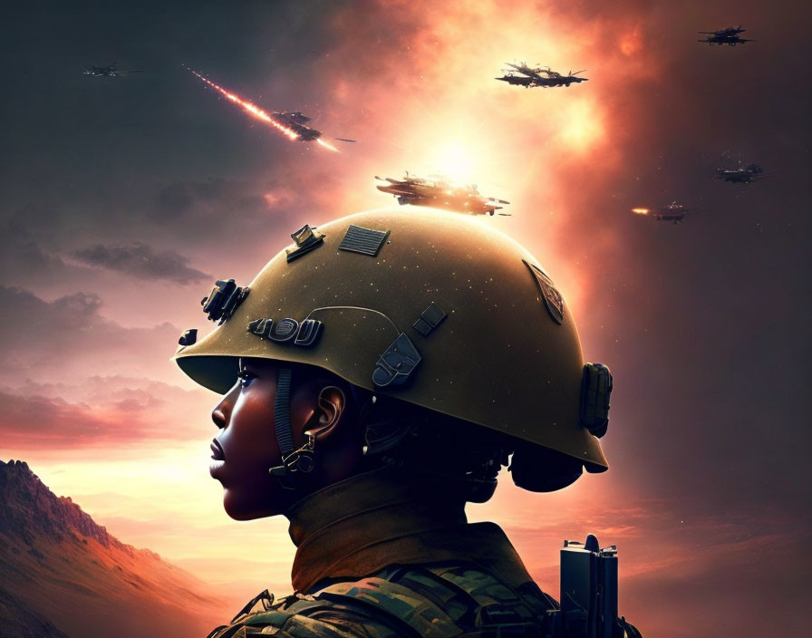 Profile of soldier in helmet with helicopters and explosions against dramatic sky