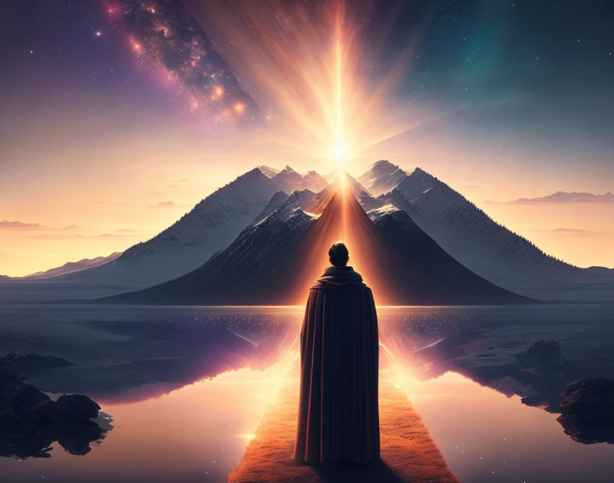 Cloaked figure in front of majestic mountain range with sunburst and dramatic sky.