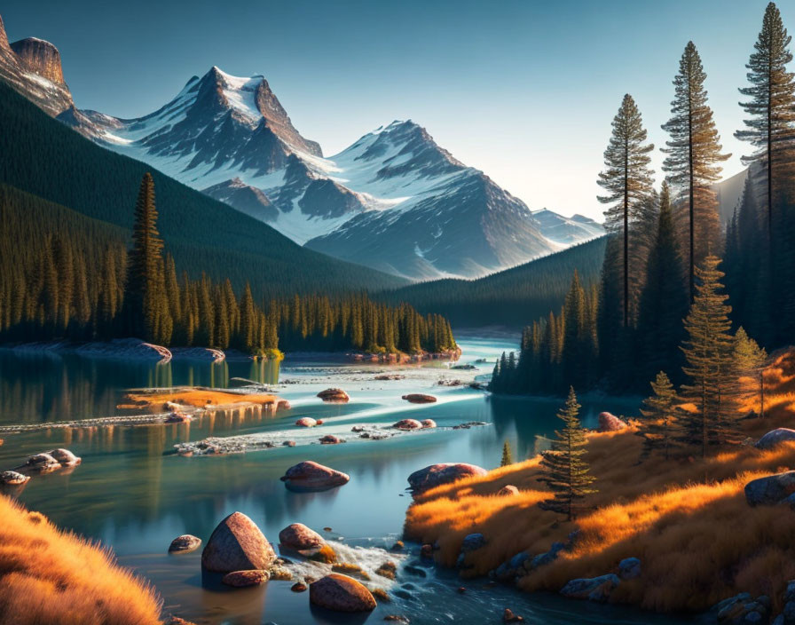 Serene river in valley with golden bushes, pine trees, snow-capped mountains