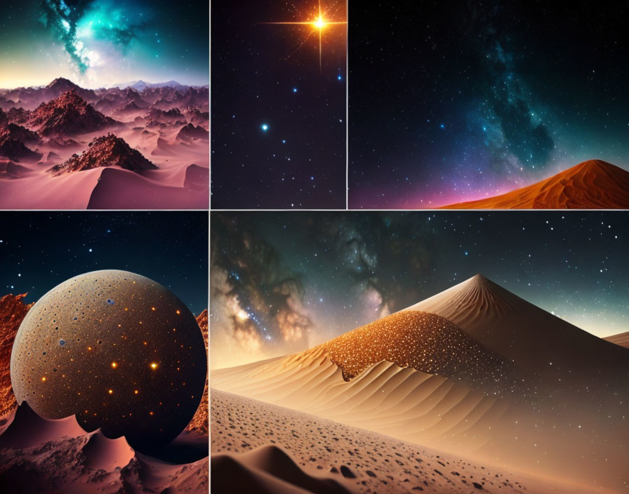 Six-image Collage of Desert Landscapes under Cosmic Skies