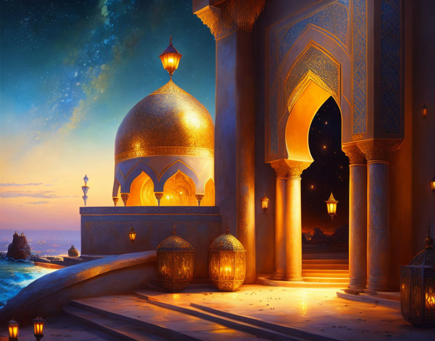 Palace night scene with golden domes and starry sky