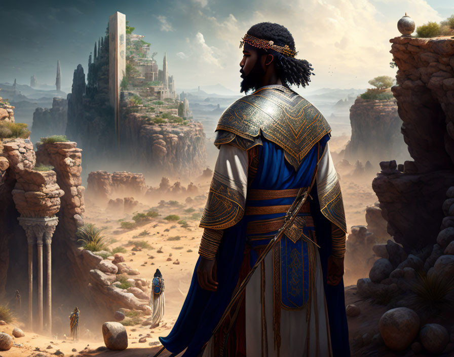 Fantasy warrior in blue and gold armor gazes at distant desert city under dramatic sky