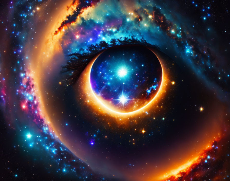 Surreal cosmic eye with starry nebula iris and swirling galaxy colors