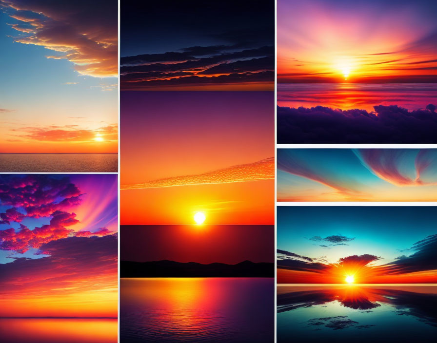 Nine Vibrant Sunrise and Sunset Scenes: Oceans, Mountains, and Clouds in Deep Blues,