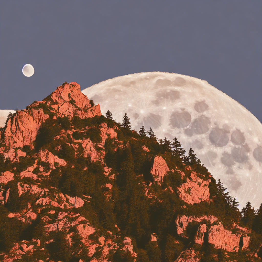 Moonlit mountain peak with large and small moons in dusky sky