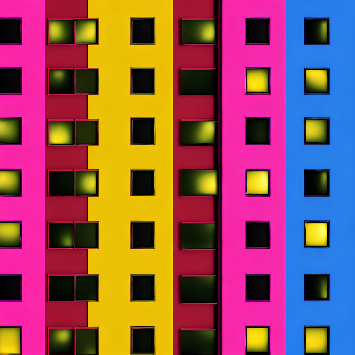 Colorful Building Facades with Square Windows and Warm Light