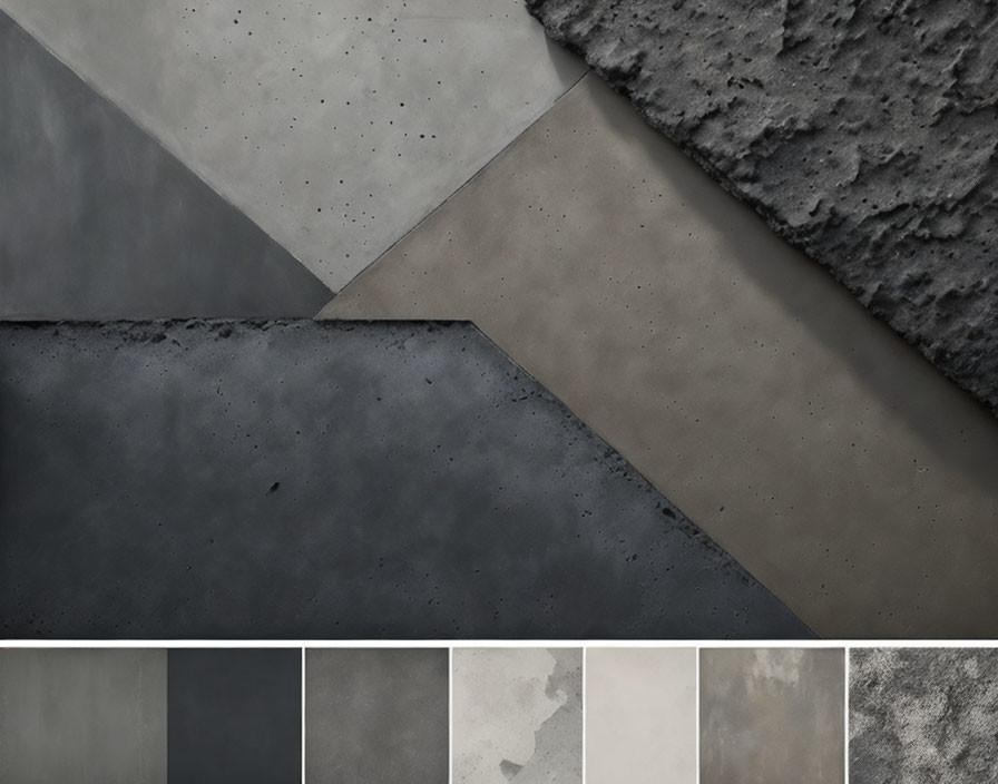 Abstract collage of textured materials in gray and beige hues with color palette