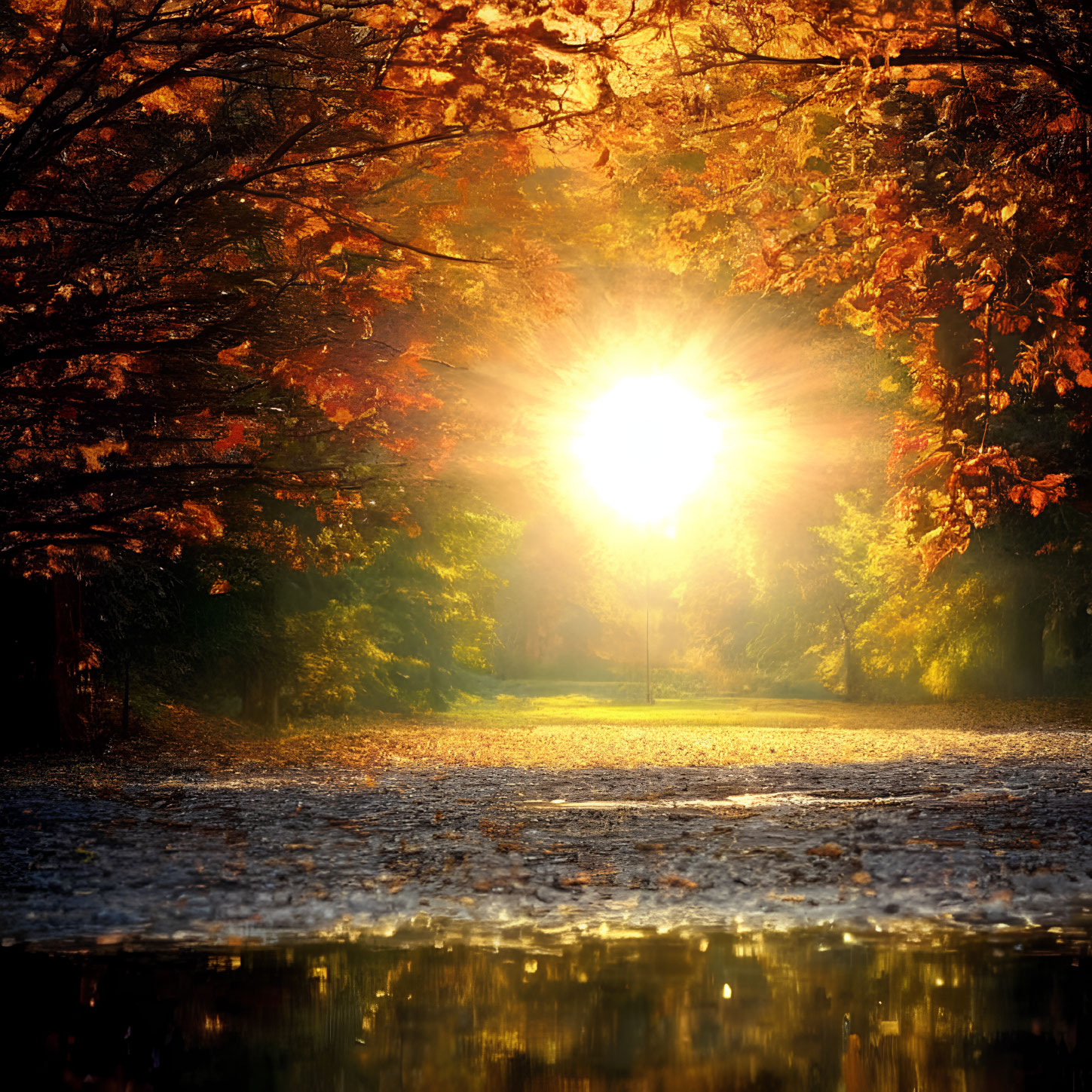 Autumn park sunset scene with fallen leaves and colorful trees.