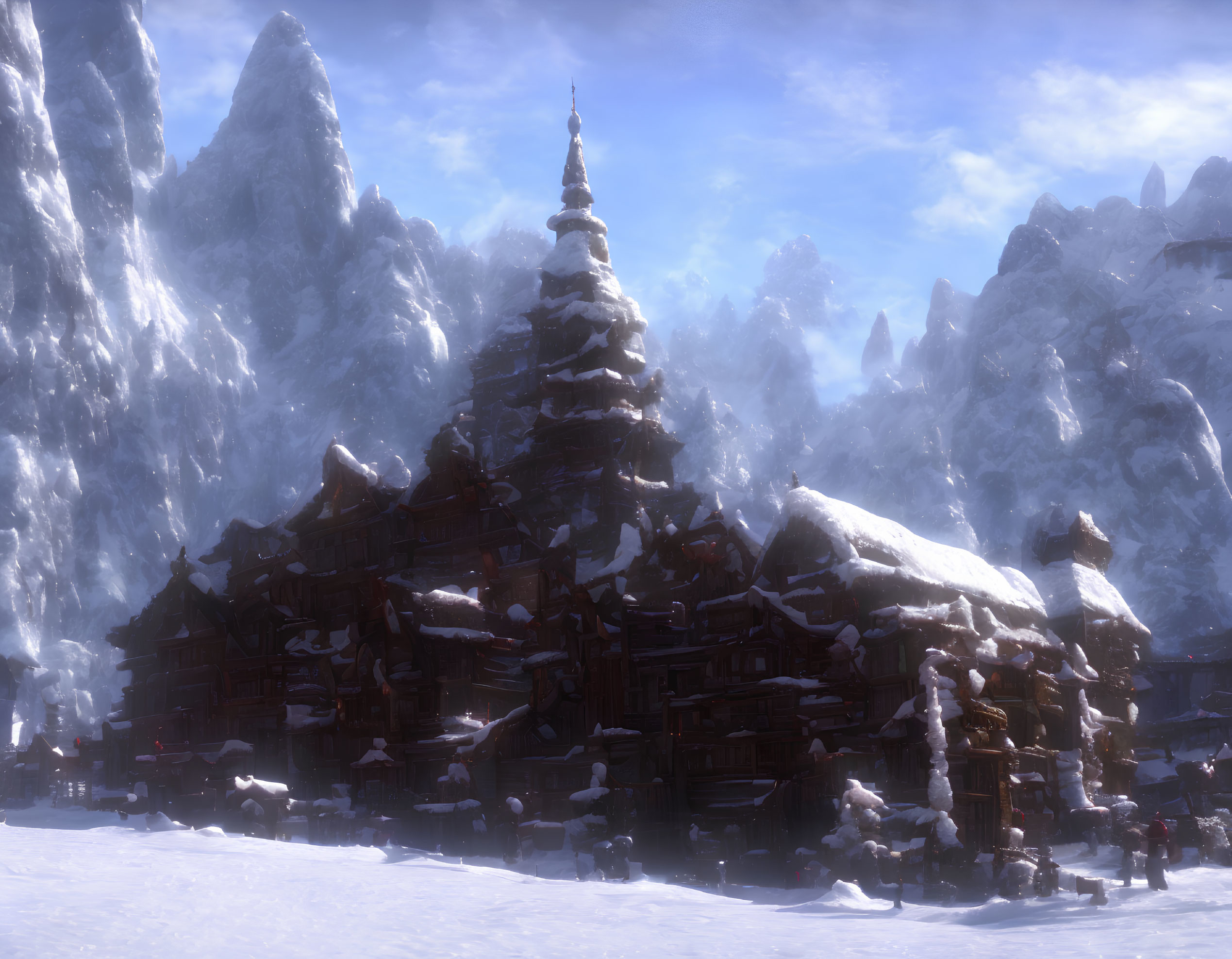 Snow-covered village nestled at base of ice-capped mountains