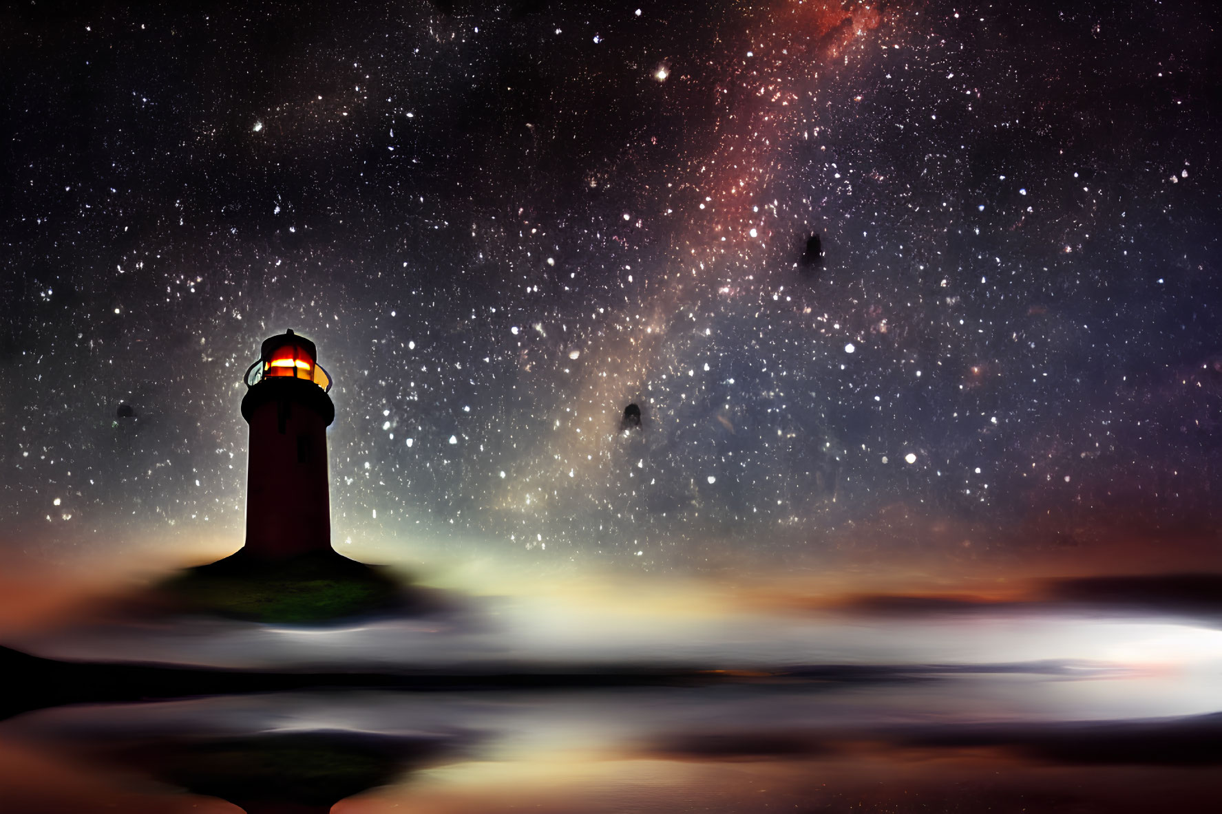 Starry sky lighthouse with cosmic colors and water reflection