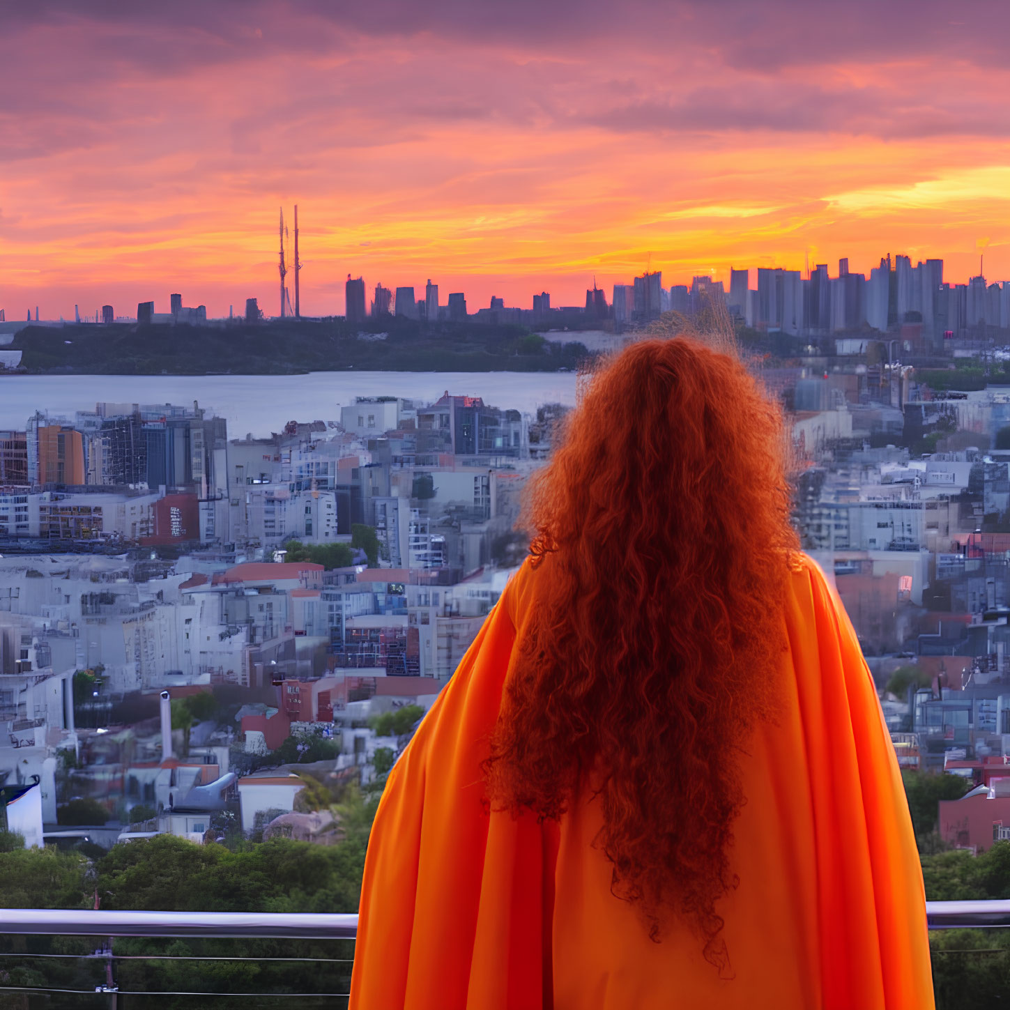 Vibrant sunset cityscape with person and red hair