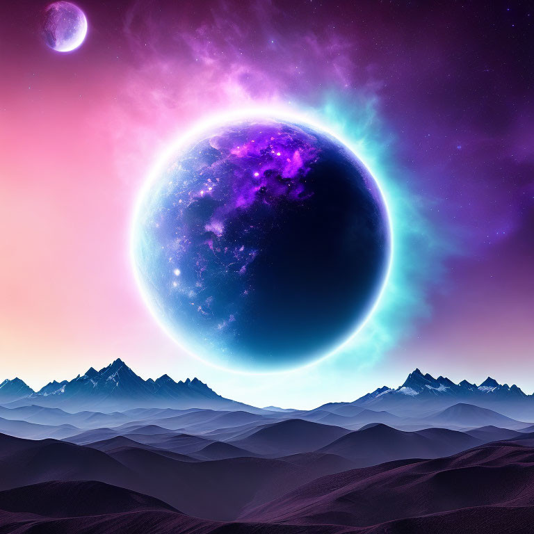 Vibrant planet over purple mountains in surreal landscape