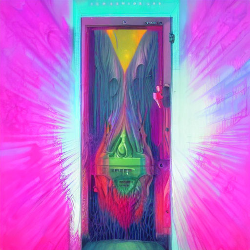 Colorful psychedelic patterned door with central green eye design on neon-lit wall