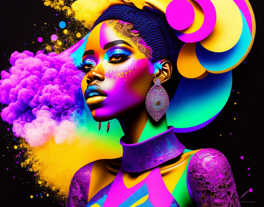 Colorful makeup woman with neon hues and psychedelic cloud.