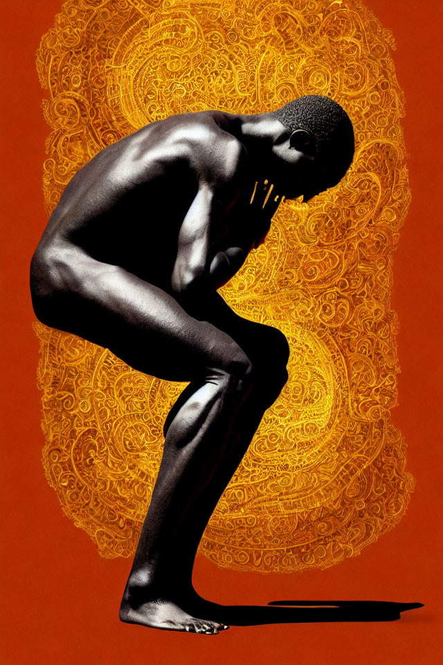 Curled Figure Against Ornate Orange Background