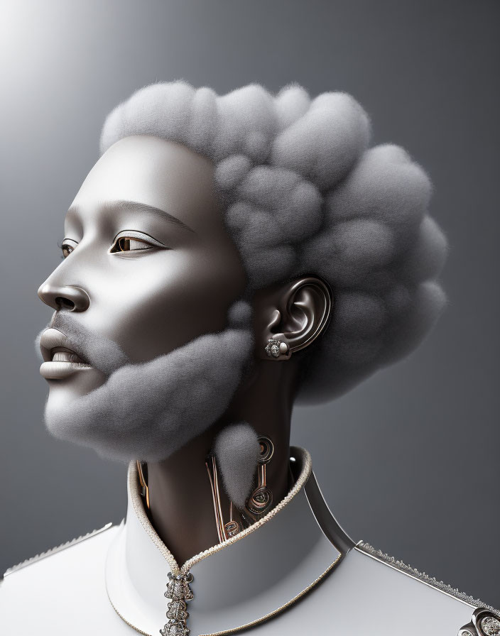 Stylized humanoid with cloud-like hair and metallic earpiece on gray backdrop