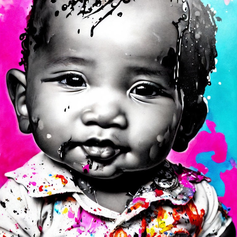 Close-up Baby Portrait with Water Droplets on Pink and Blue Ink Background