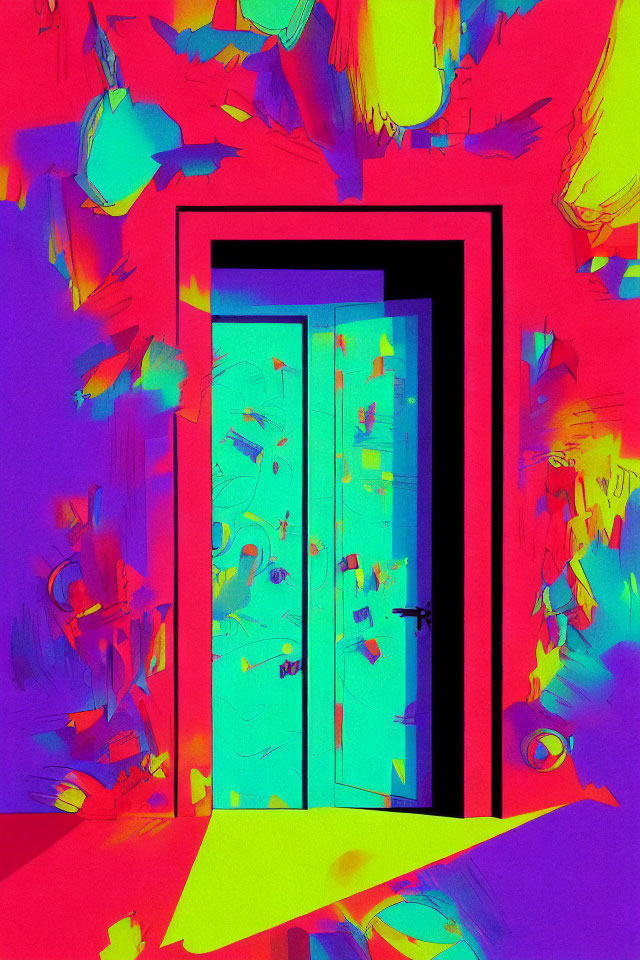 Colorful Abstract Art: Central Doorway in Electric Blues with Red and Yellow Shapes