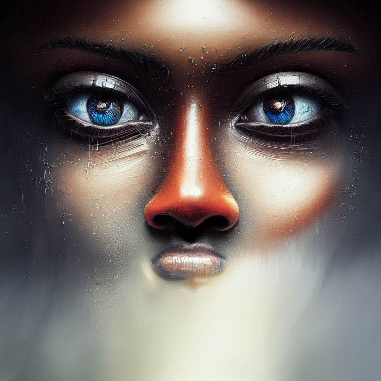 Detailed Close-Up of Person's Face with Striking Blue Eyes and Water Droplets