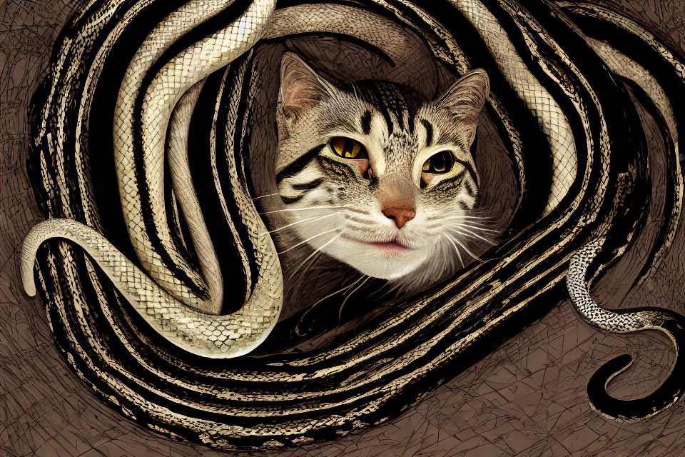 Surreal cat and snake fusion on textured background