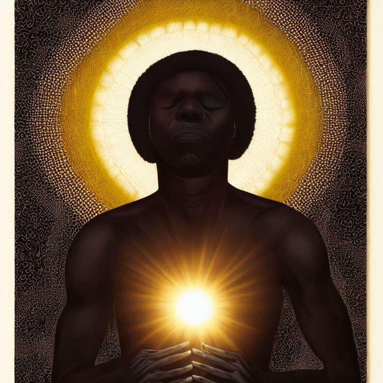 Man Meditating with Glowing Orb and Halo on Patterned Background