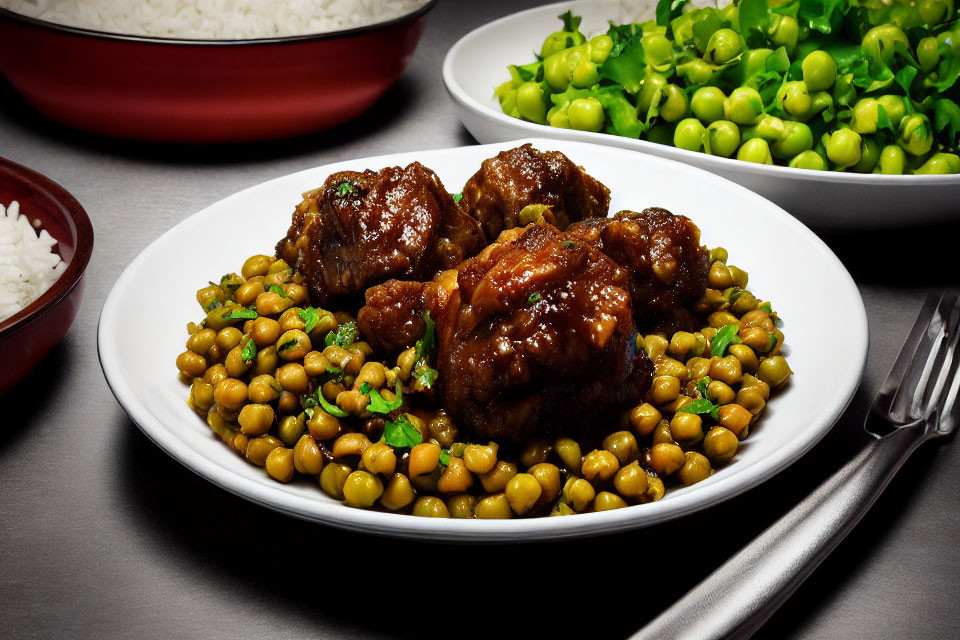 Glazed meatballs on peas and chickpeas with rice bowls