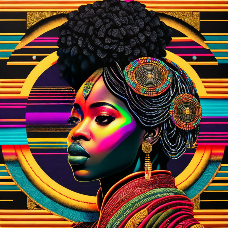 Colorful African woman portrait with intricate hair and face paint