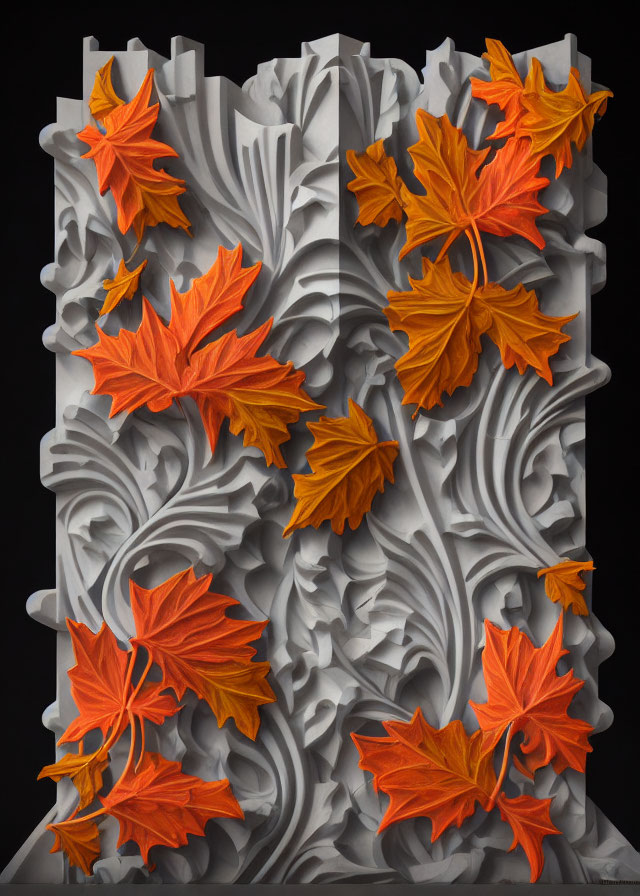 Intricate stone carving with acanthus leaves and orange maple leaves contrast.