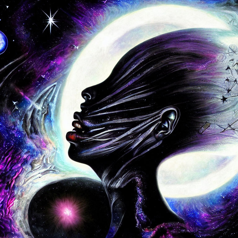 Surreal artwork featuring cosmic motifs and silhouetted profile