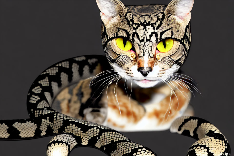 Digital artwork of feline-headed creature with serpentine body, yellow eyes, spotted fur, black