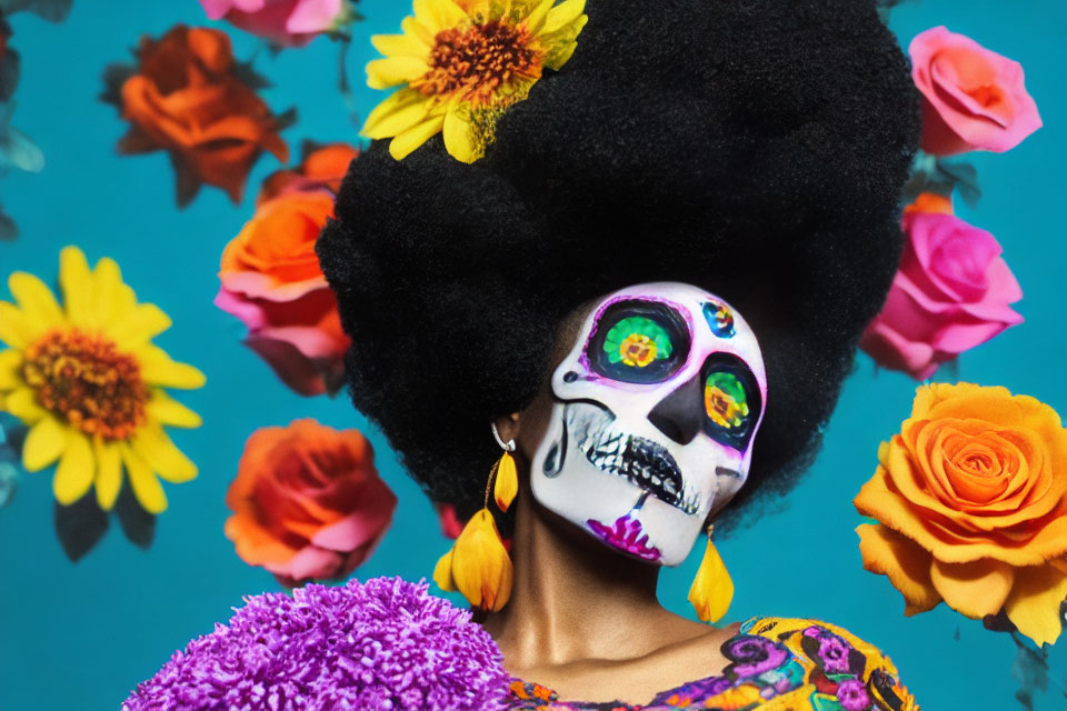 Skull Makeup and Floral Outfit on Day of the Dead Celebrating with Flowers