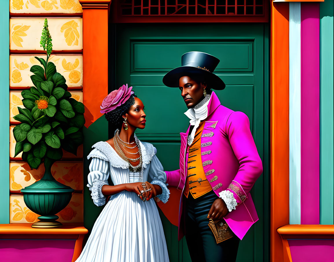 Historically dressed couple by green door in purple and white attire