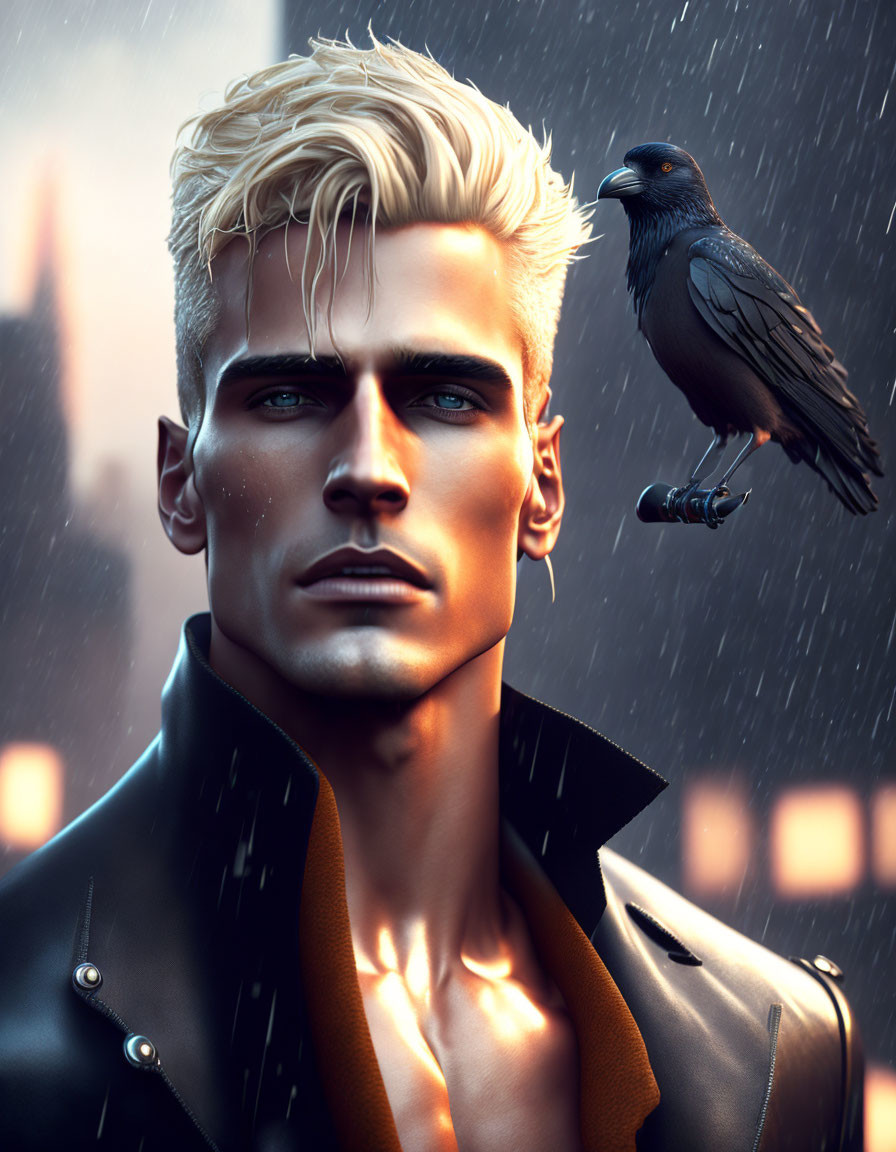 Blond man in leather jacket with crow in rainy scene