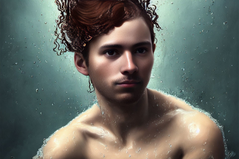 Young man emerges from water with wet hair and bare shoulders