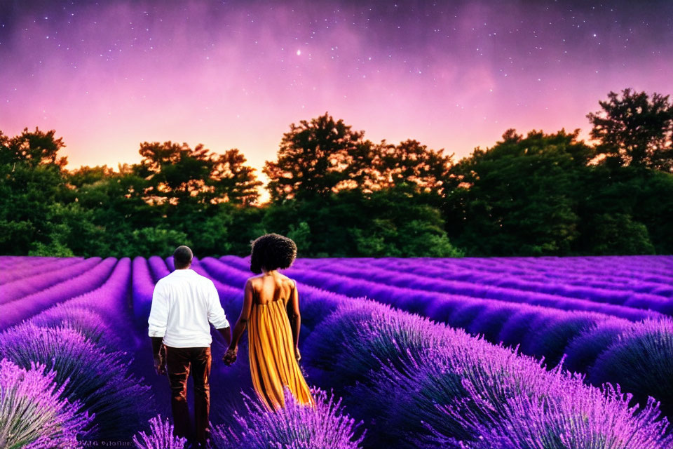 Couple Walking in Vibrant Lavender Field at Twilight