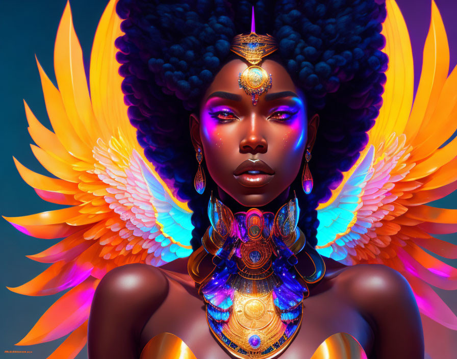 Fantasy digital art of a woman with multicolored wings and golden jewelry