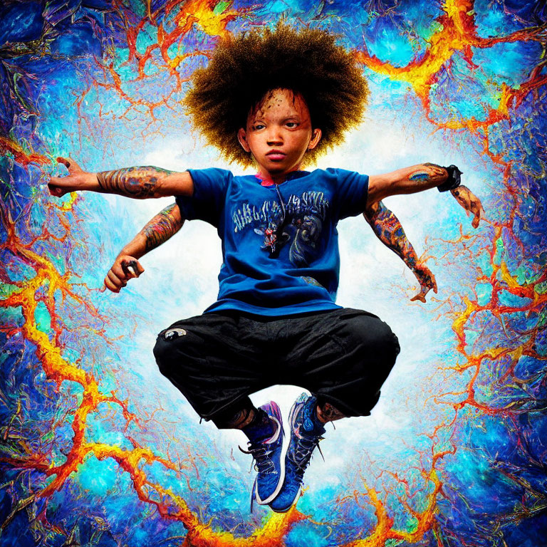 Person with Afro and Tattoos Levitating Against Psychedelic Background