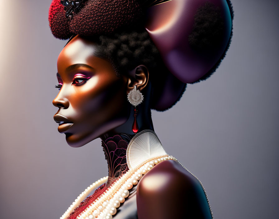 Colorful headdress and makeup on woman against neutral background