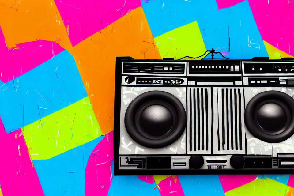 Black and White Boombox on Vibrant Abstract Background with Geometric Shapes