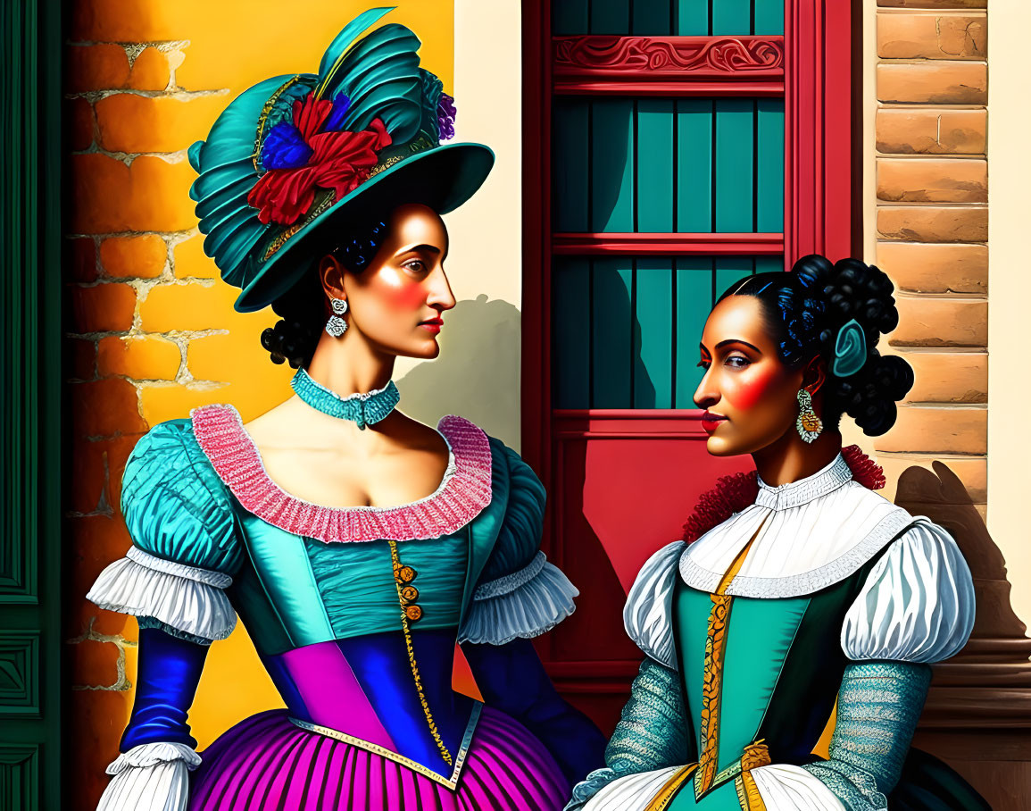 Two women in elaborate historical dresses and hats against vibrant building facade