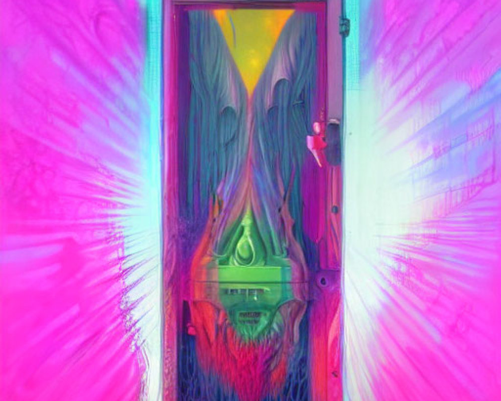 Colorful psychedelic patterned door with central green eye design on neon-lit wall