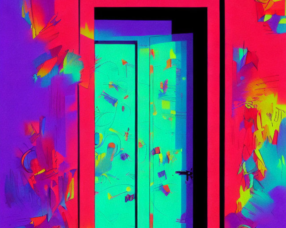 Colorful Abstract Art: Central Doorway in Electric Blues with Red and Yellow Shapes