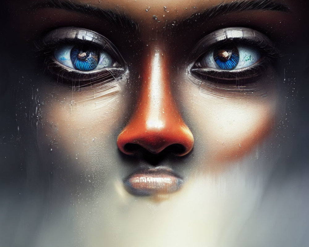 Detailed Close-Up of Person's Face with Striking Blue Eyes and Water Droplets