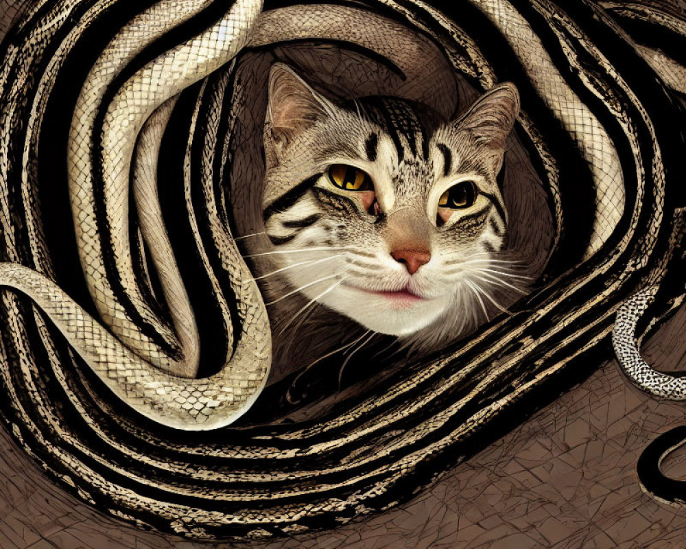 Surreal cat and snake fusion on textured background