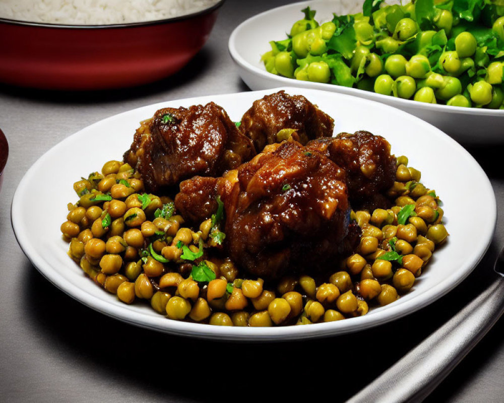 Glazed meatballs on peas and chickpeas with rice bowls