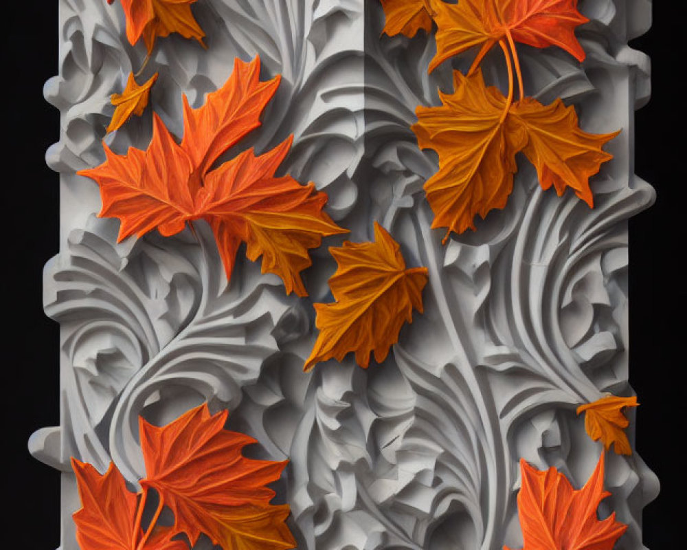 Intricate stone carving with acanthus leaves and orange maple leaves contrast.